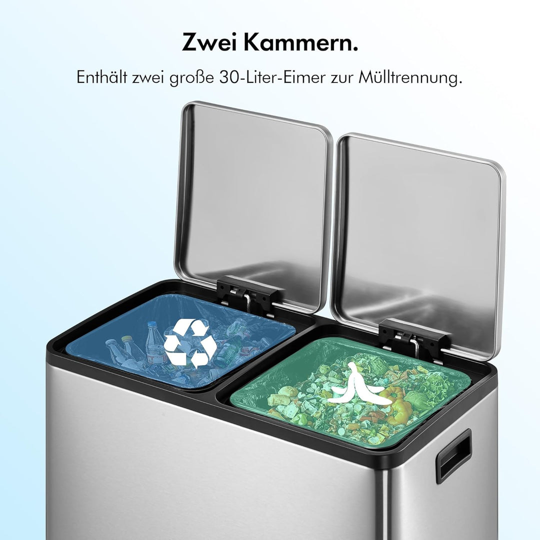 VonHaus Mülleimer Küche 2 Fächer, 60L Doppelmülleimer Recycling Mülltrennsystem – Abfalleimer Biomül