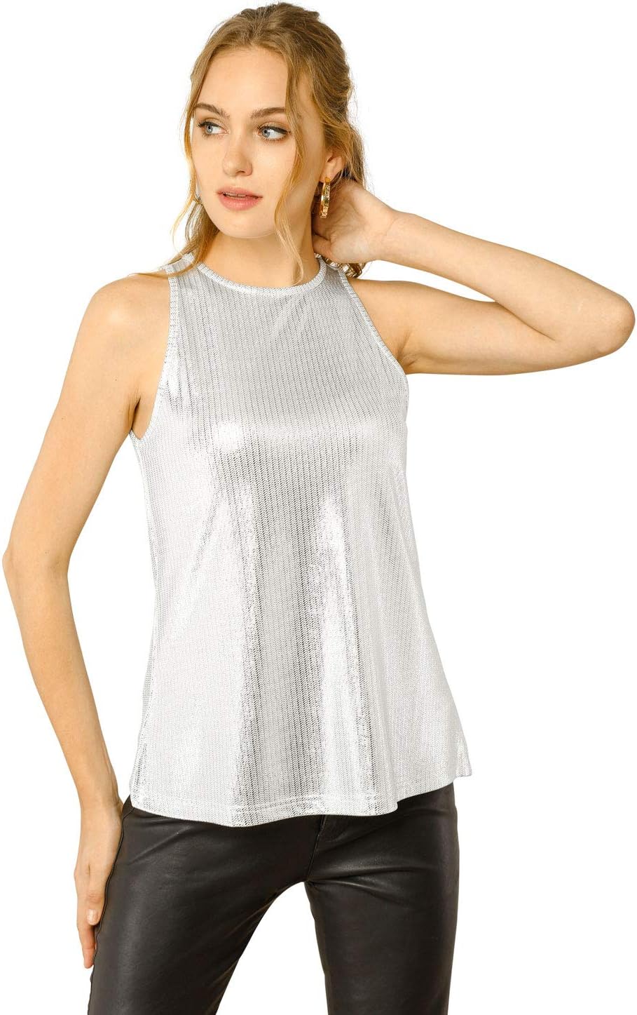 Allegra K Damen Pailletten Oberteil Metallic Glitzer Ärmellos Club Party Camisole Tank-Tops XL Helle