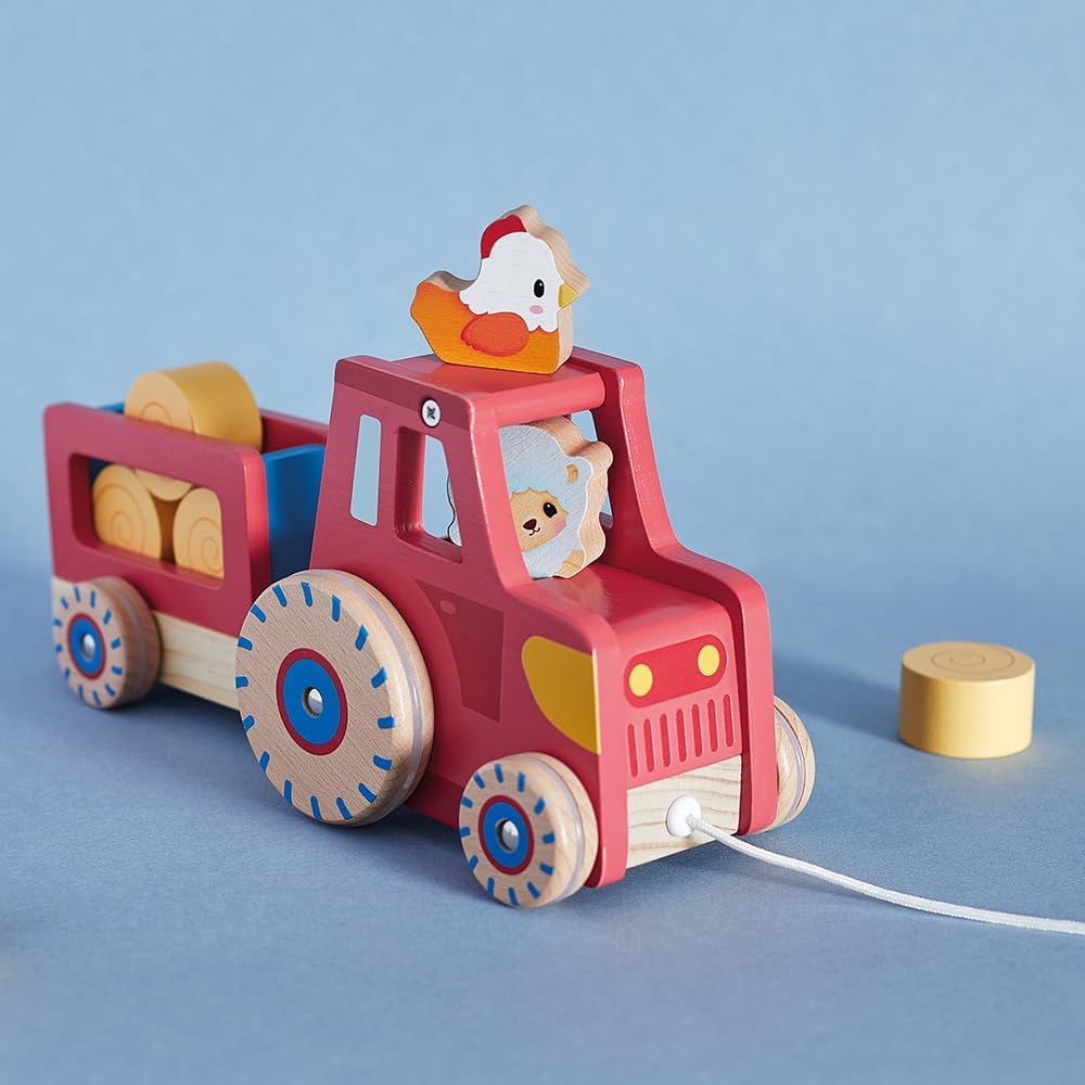 Janod - Traktor zum Ziehen - Baby- und Kleinkindspielzeug - 1 Spielzeugtraktor + 6 Zubehörteile - Ge