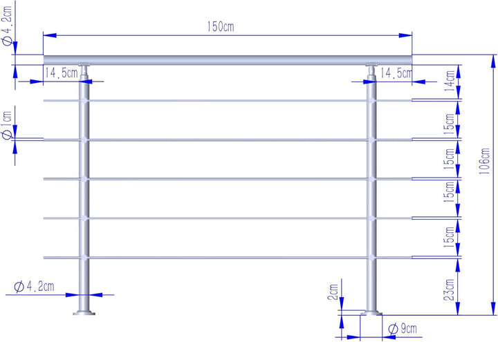 CAVATINY Edelstahl Handlauf Geländer für Treppen Brüstung Balkon mit 5 Querstreben - Innen und Ausse