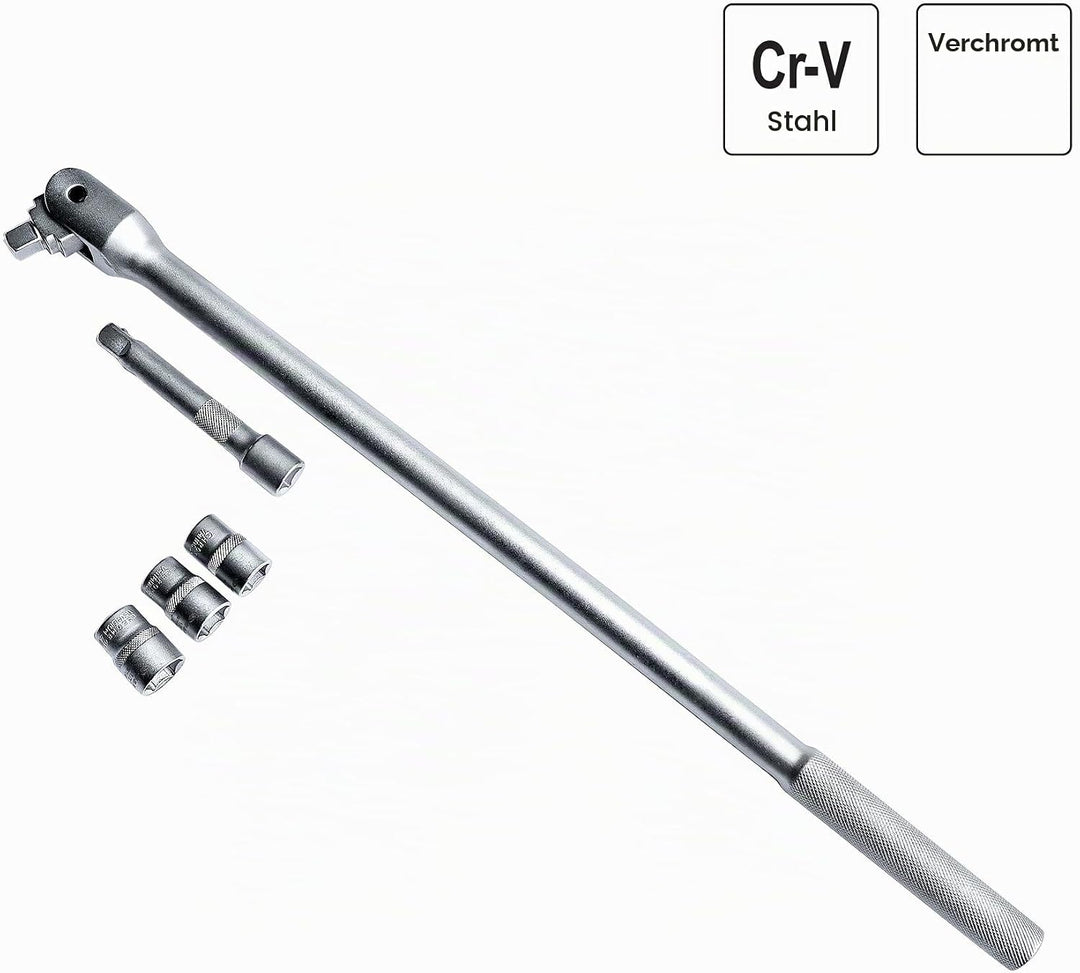 S&amp;R Gelenkgriff SET 1/2" 600 mm, Ø 16 mm, Steckgriff Verlängerung 125 mm und Einsätze Nüsse 17mm, 19