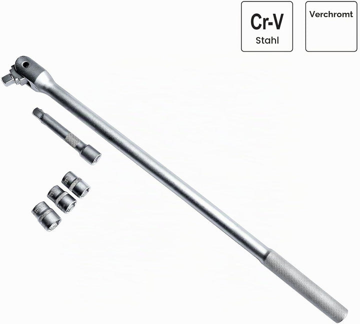 S&amp;R Gelenkgriff SET 1/2" 600 mm, Ø 16 mm, Steckgriff Verlängerung 125 mm und Einsätze Nüsse 17mm, 19