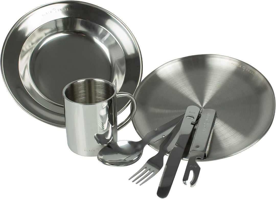 Black Snake® Camping Geschirr Set - Flacher & tiefer Teller mit Besteck und Tasse - Edelstahl Outdoo