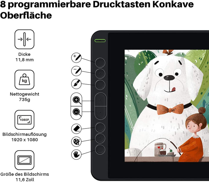 HUION Kamvas 12 Grafiktablett mit Display, 11,6 Zoll Stift-Display mit batterielosem Stift, 8 Expres