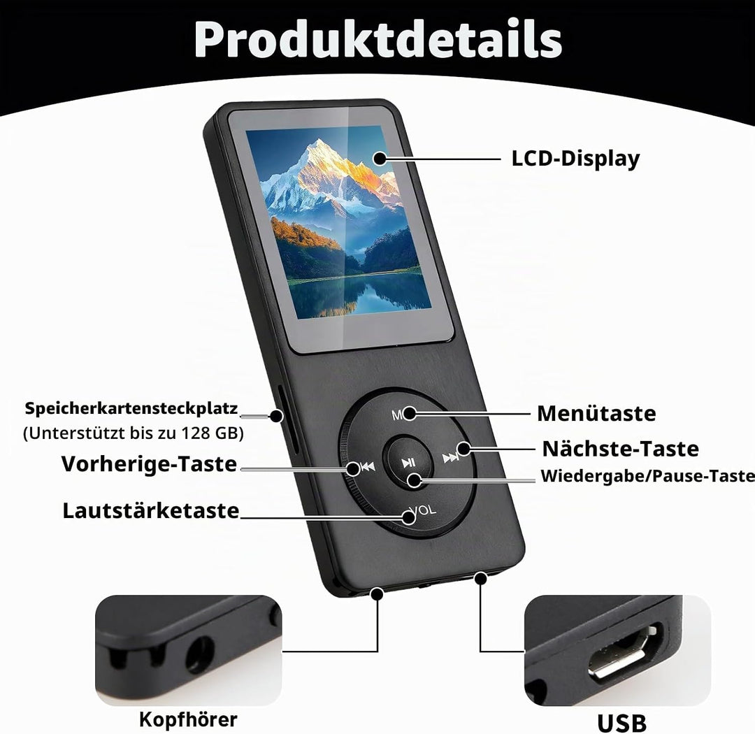 MP3 Player Bluetooth 5.3 mit 64 GB Speicher, 1,8" TFT Farbdisplay, Integriertem Lautsprecher, HiFi M