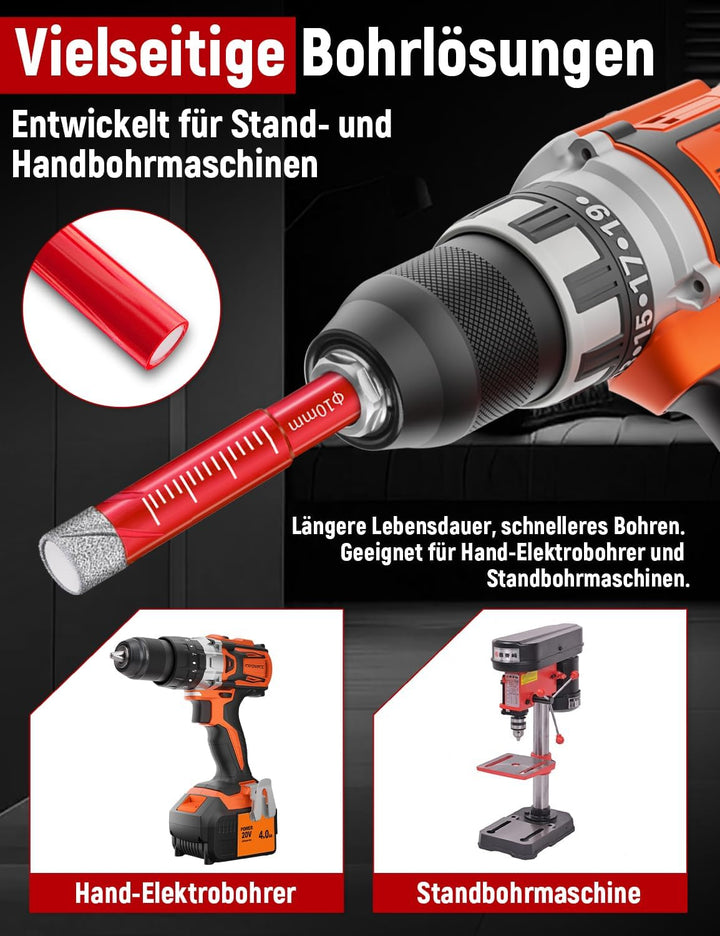 KAFUWELL Fliesenbohrer Diamantbohrer Profi-Set 10tlg, 5-12mm Glasbohrer & 6mm Karbid-Anbohrer für Ke