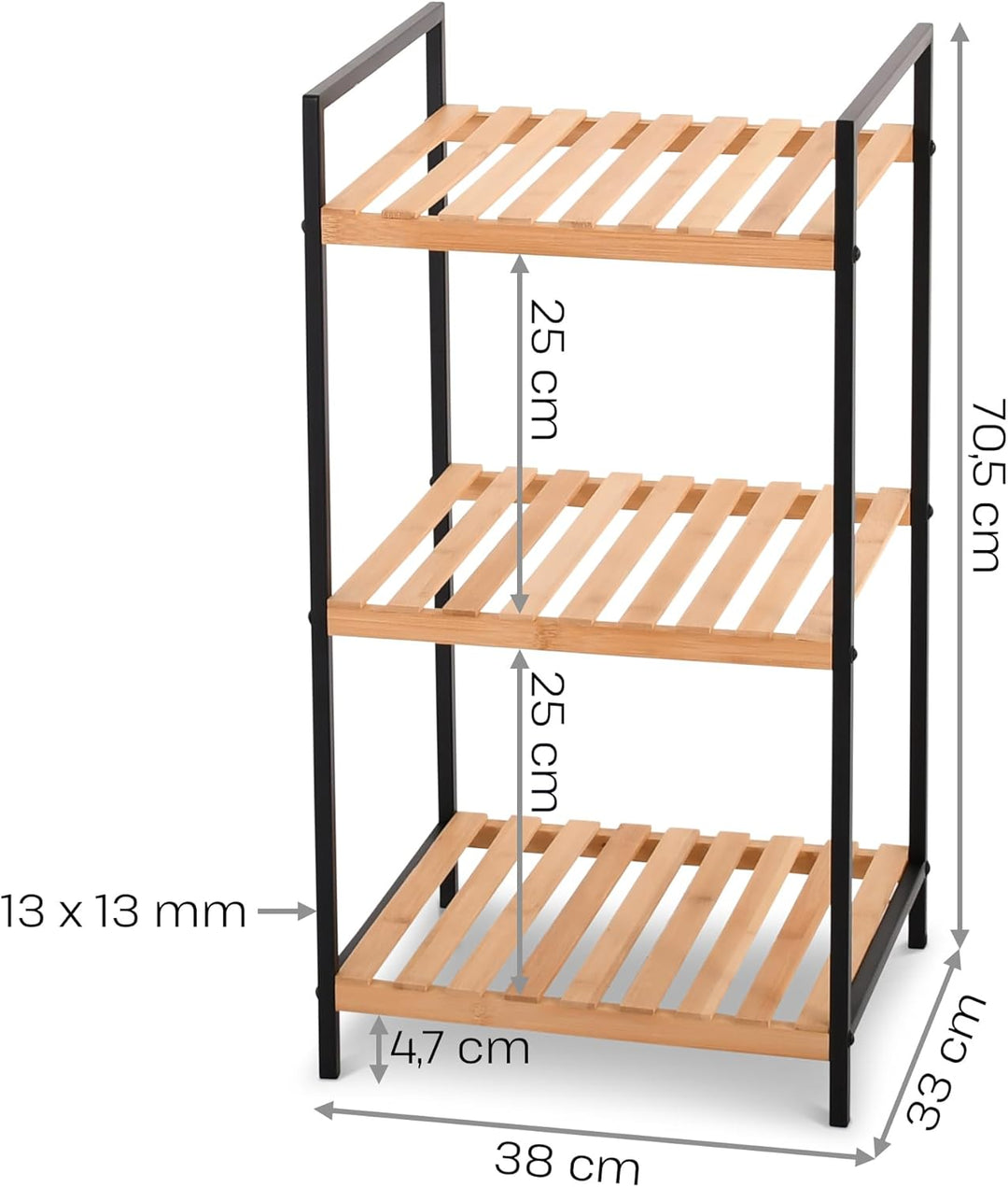 Raburg Kava Standregal, 3 Böden, Metall/Bambus, Schwarz/Holz | 3 Böden, Bambus, Metallrahmen, für Ba