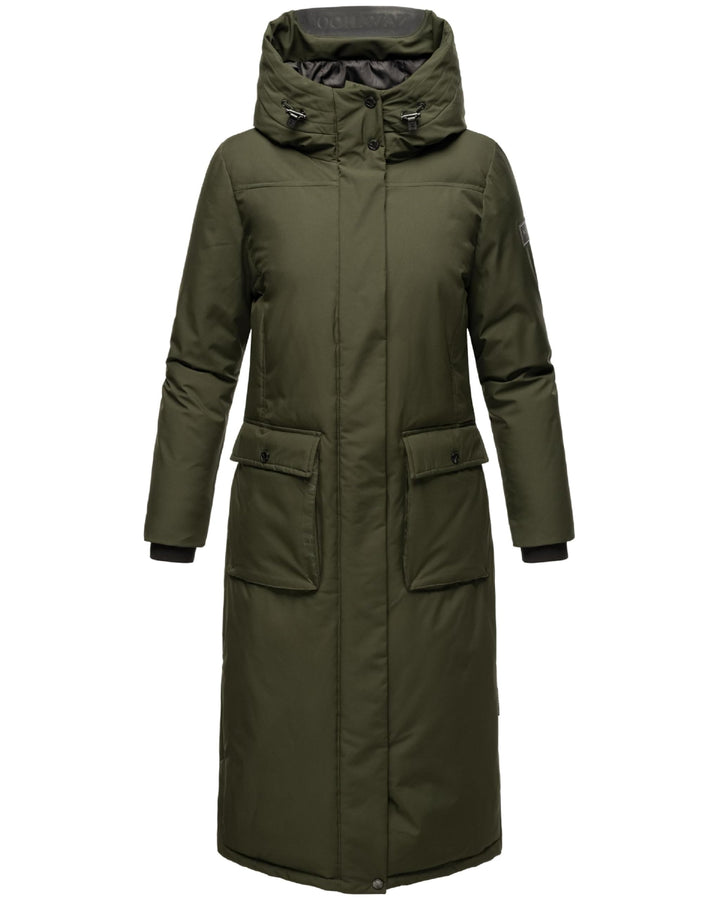 Navahoo Damen Wintermantel Warmer Mantel extralang mit Kapuze Wolkenfrost XIV XS-XXL XL Dark Olive,