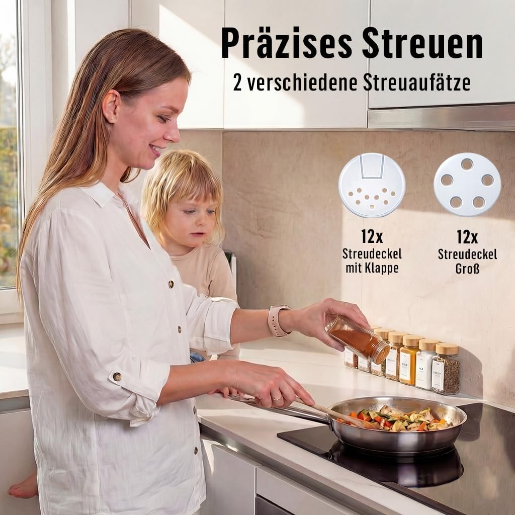 Deco haus® Gewürzgläser eckig luftdicht 12er Set [inkl. Etiketten & Streueinsatz] - Gewürzdosen Set