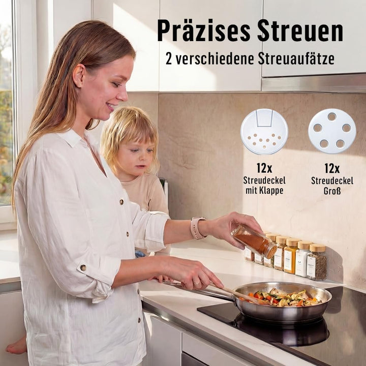 Deco haus® Gewürzgläser eckig luftdicht 12er Set [inkl. Etiketten & Streueinsatz] - Gewürzdosen Set