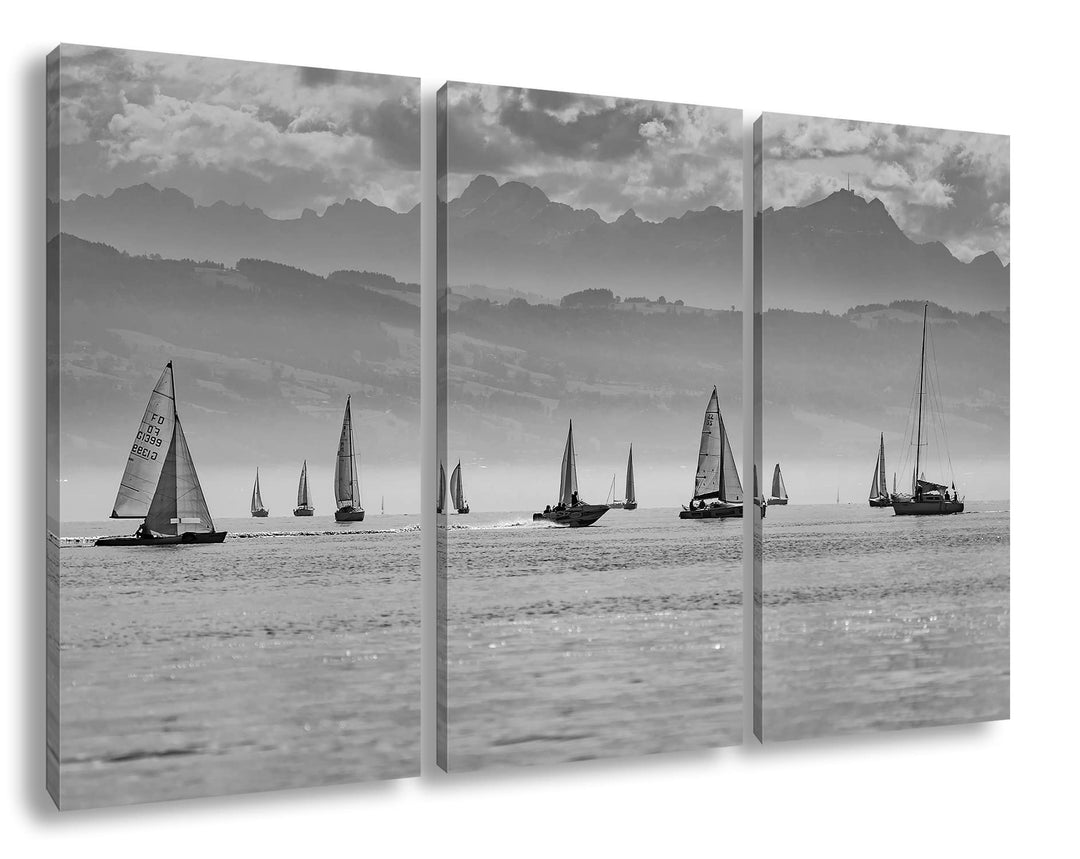 deyoli Meer voller Segelboote Format: 3Teilig als Leinwand, Effekt: Schwarz&amp;Weiss, Motiv fertig gera