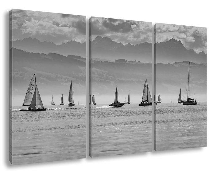 deyoli Meer voller Segelboote Format: 3Teilig als Leinwand, Effekt: Schwarz&amp;Weiss, Motiv fertig gera