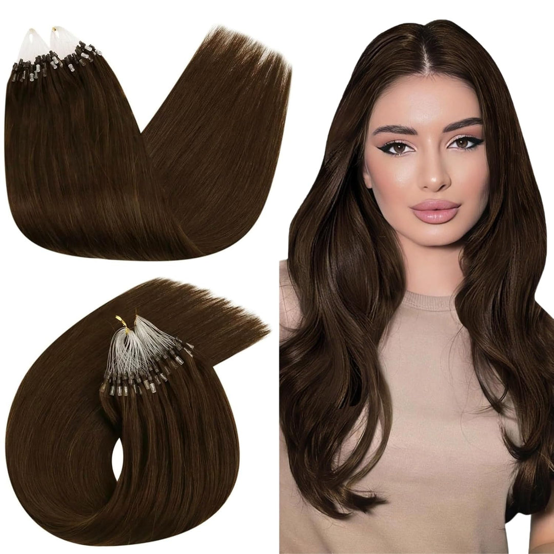 Ugeat 50cm Extensions Echthaar Microrings Haarverlängerung Echthaar Bonding Dunkelbraun 50Strähnen M