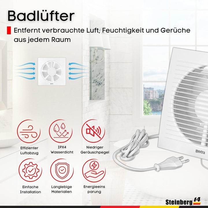 Steinberg14 Badlüfter Ø 150mm Weiss mit Zugschnur und Stecker - Abluftventilator Ventilator Lüfter B