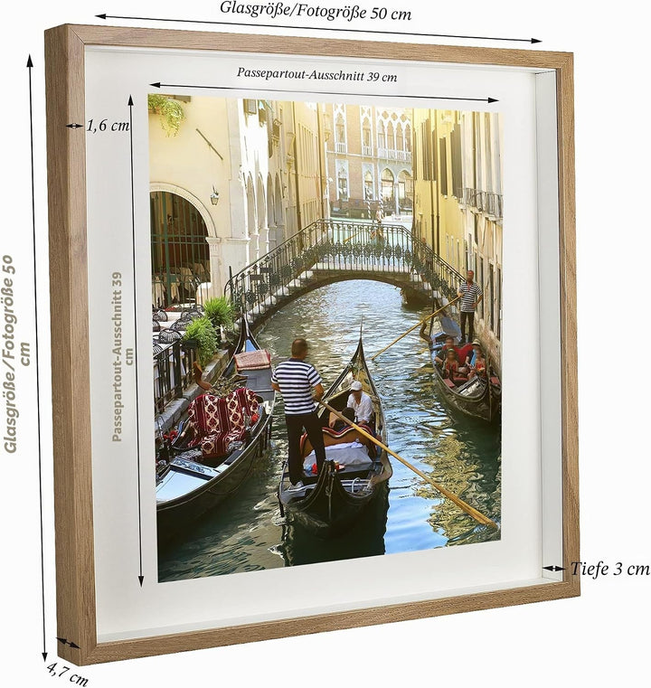BD ART 50x50 cm gross Box 3D Objektrahmen Bilderrahmen mit Passepartout 40x40 cm, Eiche Quadratische