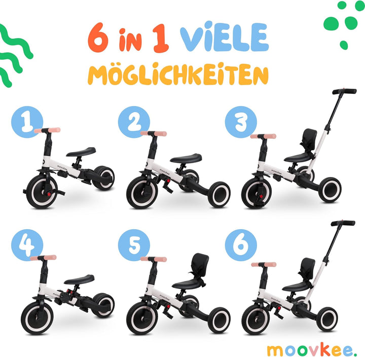 6in1 Dreirad ab 1 Jahr mit Schubstange - Beige Laufrad - Kinderfahrrad Faltbar 1–5 Jahre - Laufräder