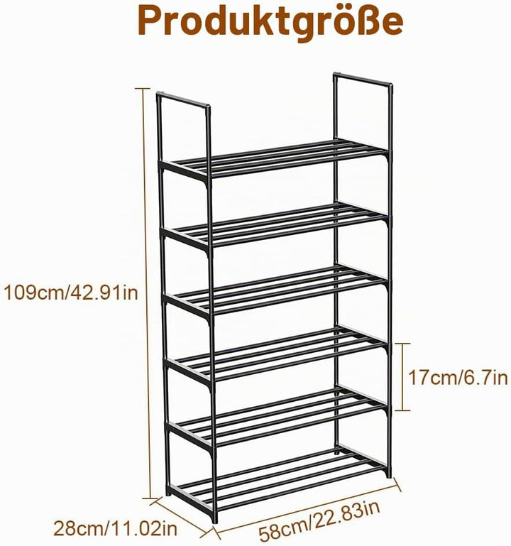 Schuhregal mit 6 Ebenen, Kleines Schuhregal Metall, Schuhablage Schmales, Verstellbares Schuhständer