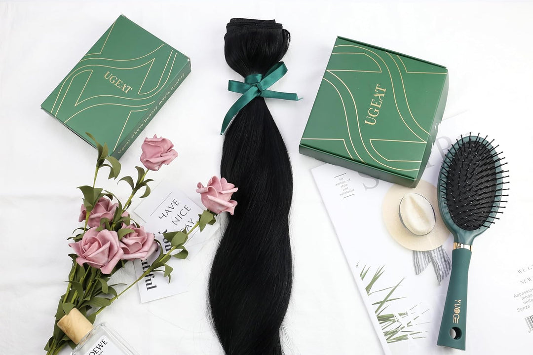 Ugeat 30cm Clip Extension Echthaar Schwarz Doppelt Tressen Haar Clip Extensions 5Stück Haarverlänger