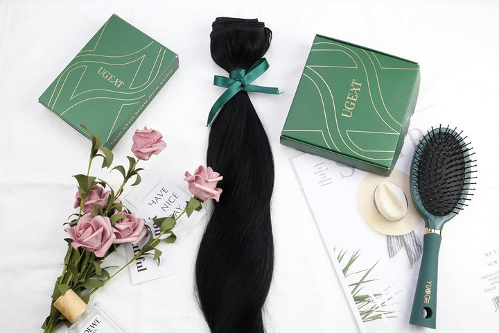 Ugeat 18Zoll/45cm Echthaar Extensions Clip in Schwarz Echte Haare Tressen Extensions 7Stück Clip in