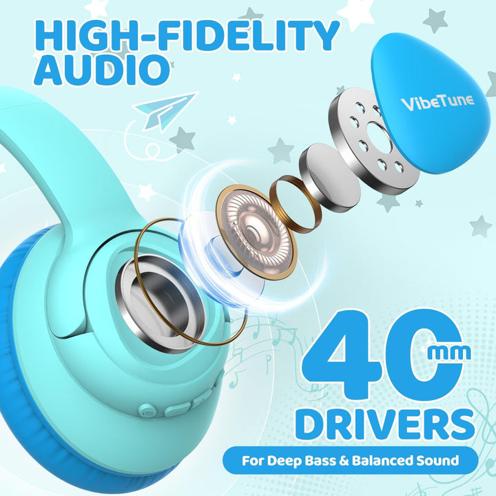 VibeTune Kinder Bluetooth Kopfhörer, 60 Stunden Spielzeit, Lautstärkebegrenzung 85/94dB, Bluetooth 5