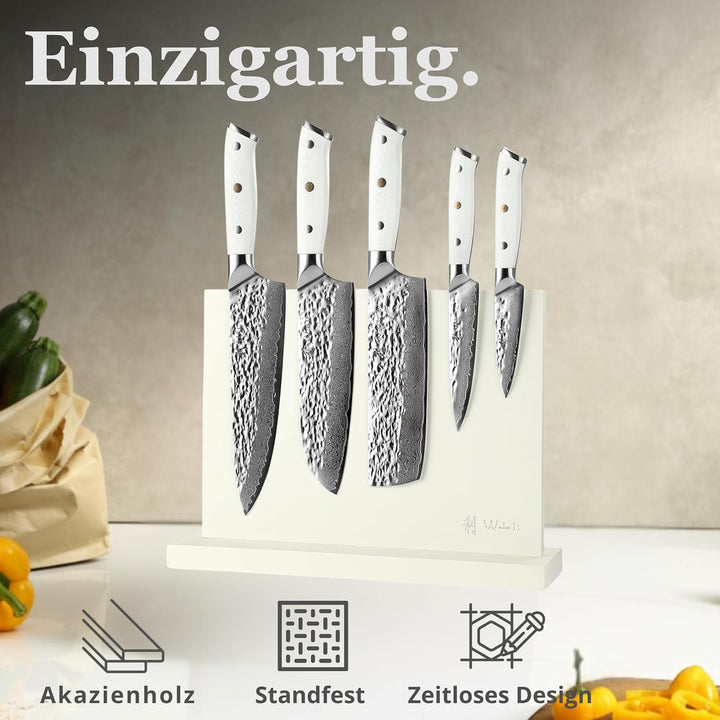 Wakoli Perle Blanche Damastmesser-Set mit Messerblock | 5-teilig, 9–20 cm Klingen aus 67 Lagen Damas