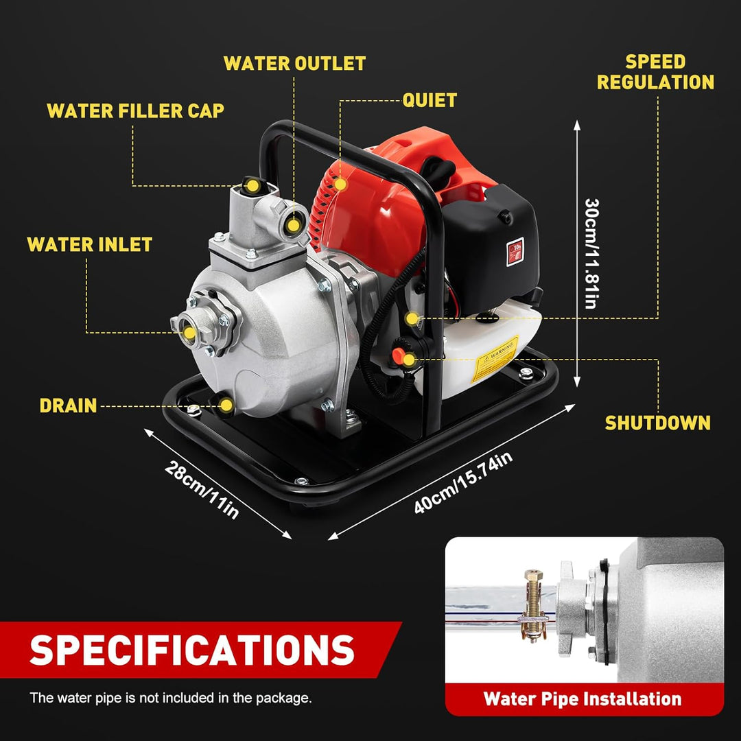 Benzin-Wasserpumpe, 2-Takt 1250W/6500rpm Gartenpumpe, Hochdruckpumpe Angetrieben Durchfluss von 8-10