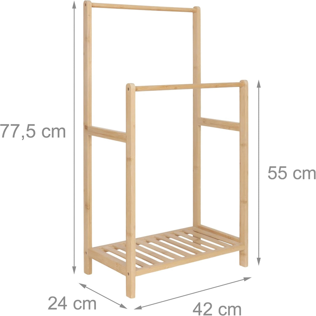 Relaxdays Handtuchständer Bambus, 2 Stangen, mit Ablage, HBT: 77,5 x 42 x 24 cm, freistehend, Duscht