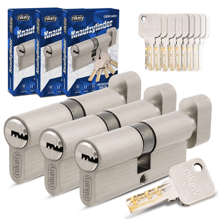 GERCAR Pro Gleichschliessend 3 Knaufzylinder 30/30 Set 3x Schliesszylinder mit Knauf inkl. 15 Schlüs