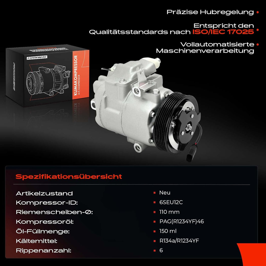 Frankberg Kompressor Klimaanlage Kompatibel mit Polo 6C1 6R1 1.4L 2009-2014 Polo 9N 1.2L-1.8L 2001-2