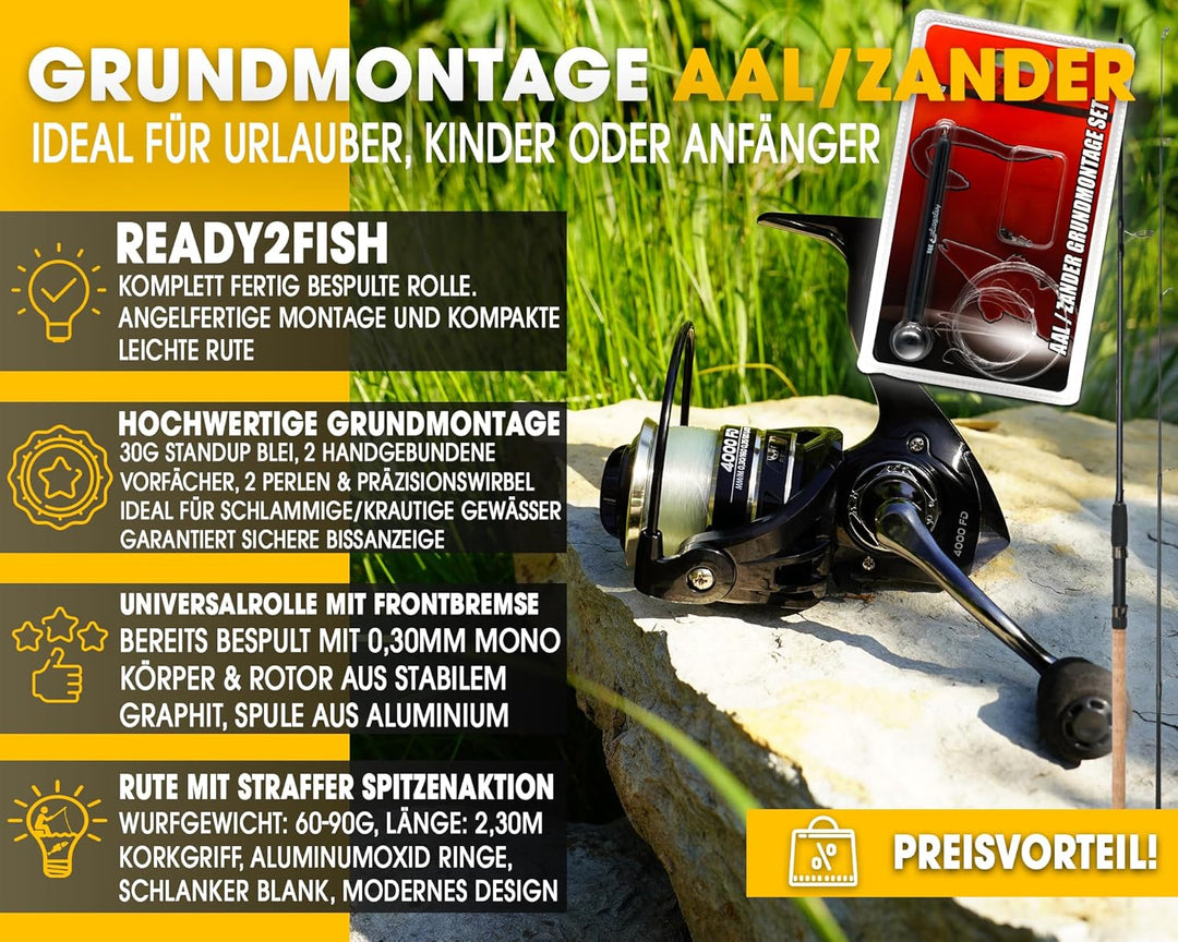 Angel Berger Steck Angelset Aal Zander Grundmontage Rute Rolle mit Angelzubehör Ready2Fish Angel Set