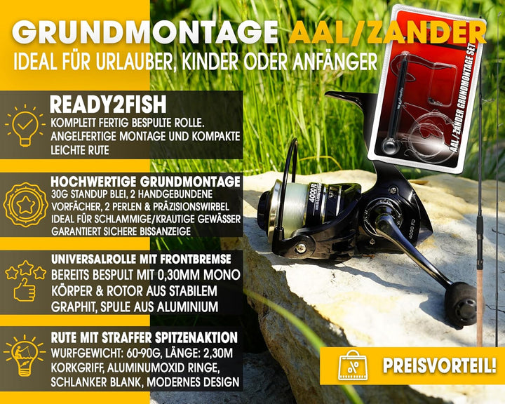 Angel Berger Steck Angelset Aal Zander Grundmontage Rute Rolle mit Angelzubehör Ready2Fish Angel Set