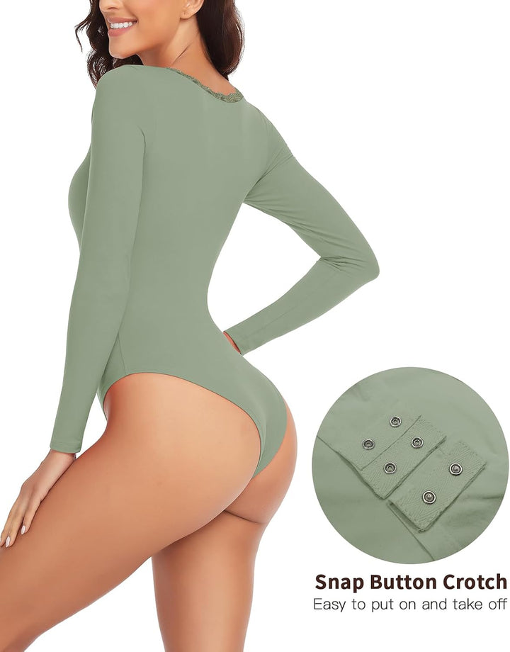 WOWENY Thermo Body Damen Langarm Elegant Langarmbody mit Spitze V-ausschnitt Fleece Bodysuit Warm Be