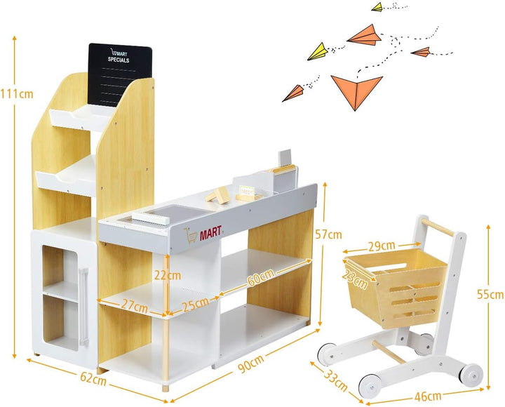COSTWAY Kaufladen mit Einkaufswagen, Kaufmannsladen mit Tafel, inkl. Registrierkasse, Scanner, Karte