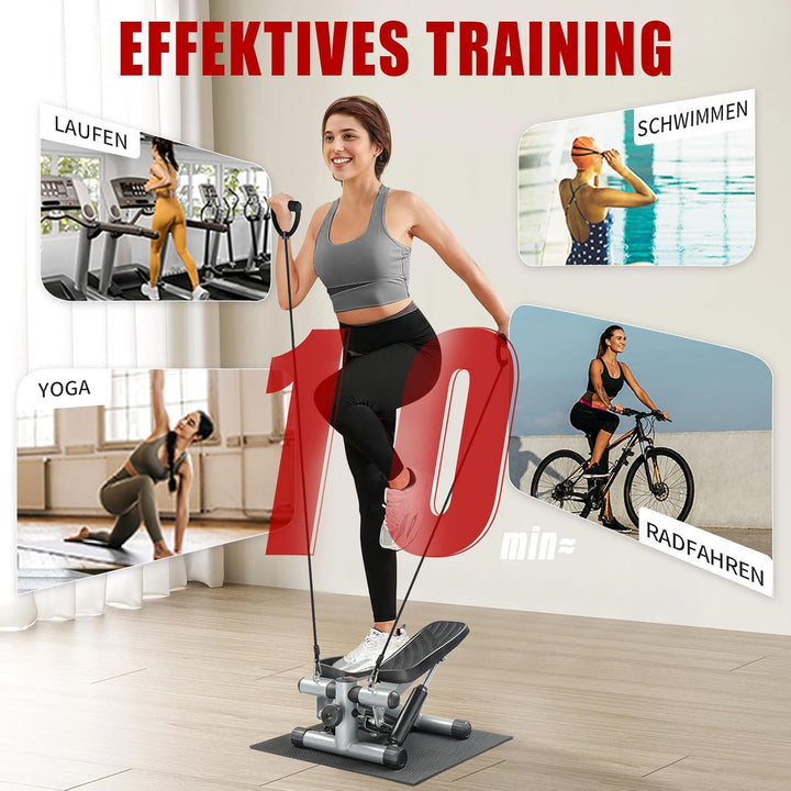 LEADZM Mini Stepper Mit Silent-Pad für Zuhause, 2 in 1 Fitness Stepper mit Gummiband, LCD Display, T