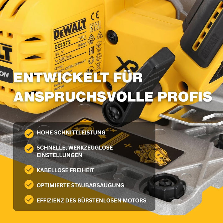 DEWALT 18V Akku-Handkreissäge DCS572NT (bürstenlos, 58 mm Schnitttiefe, mit Spindelarretierung, inte