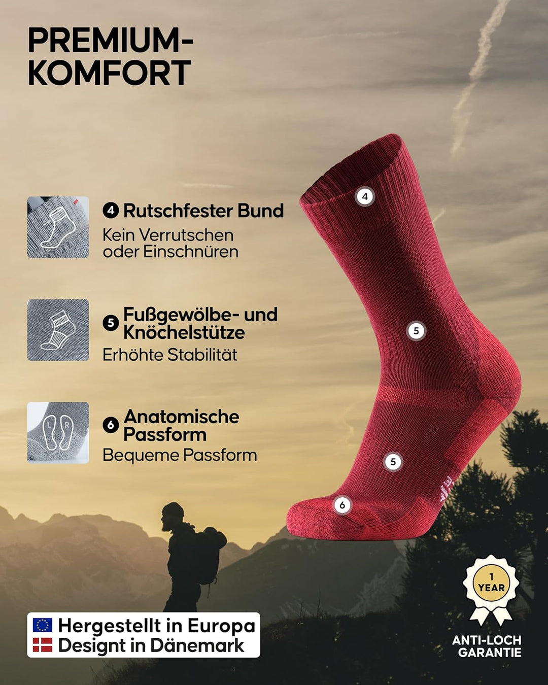 DANISH ENDURANCE Merino Wandersocken, Sommer Trekkingsocken, Merinowolle Socken, Atmungsaktiv & Star