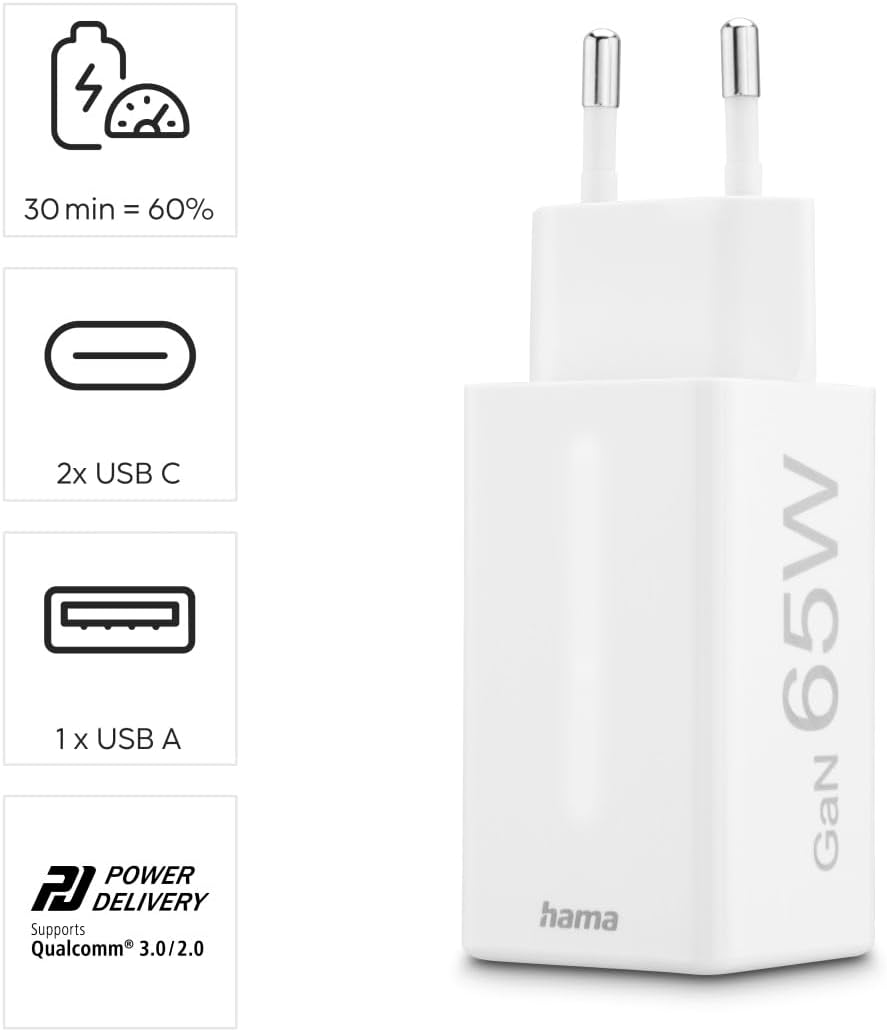 Hama Schnellladegerät USB (Ladegerät mehrfach, USB C, USB A, Handy Tablet Laptop Universal Ladegerät
