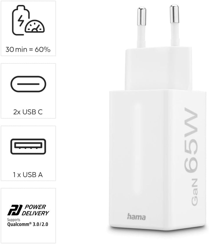 Hama Schnellladegerät USB (Ladegerät mehrfach, USB C, USB A, Handy Tablet Laptop Universal Ladegerät