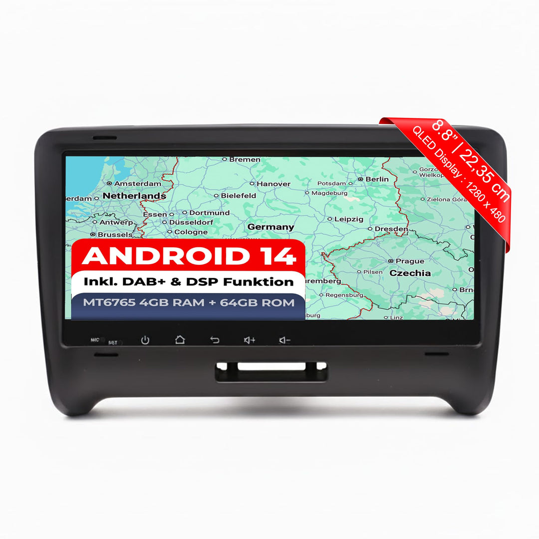 M.I.C. AA8-L2 Android 14 Autoradio mit Navigation: MediaTek MT6765V, 4GB+64GB, 8.8 Zoll QLED Display