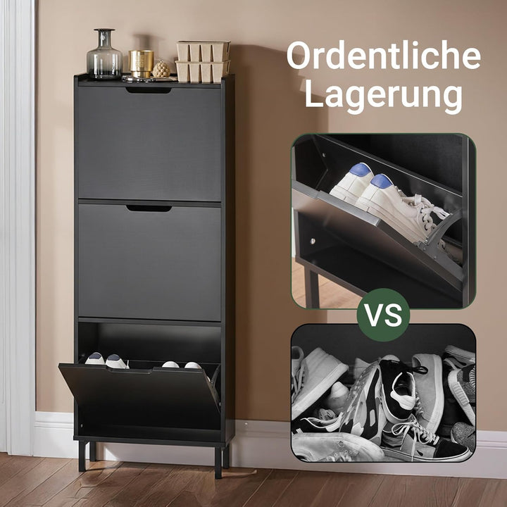 SoBuy Schuhschrank Schmal mit 3 Klappen platzsparender Schuhkipper Schmal Hoch Kommode mit 3 Ablagen