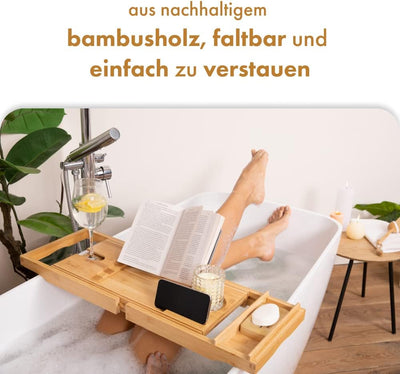 Tranquil Beauty Badewannenablage ausziehbar - Nachhaltiges Bambus Badewannenbrett mit Tablet- und Ha