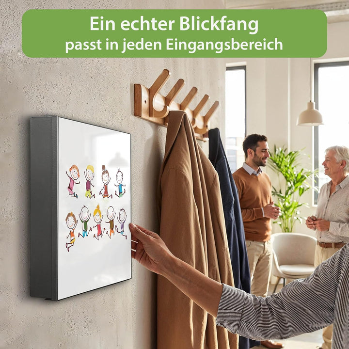 banjado® Grosser Schlüsselkasten Glas/Schlüsselbox 30cm x 30cm mit 50 Haken - Motiv Happy Kids/Schlü