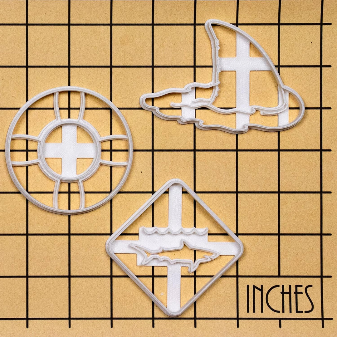 3er Set Hai Attacke Ausstechformen (Formen: Haifischflosse, Rettungsring, & Hai-Warnschild) 3 Teil,