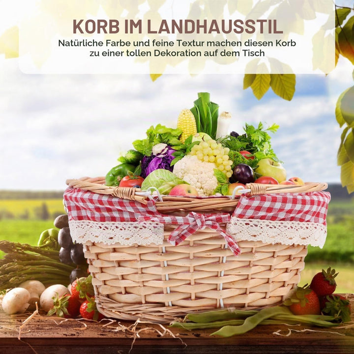 BESTonZON Picknickkorb aus Weide, geflochtener Korb mit Liner &amp; Henkel – Deko &amp; Aufbewahrung für Cam