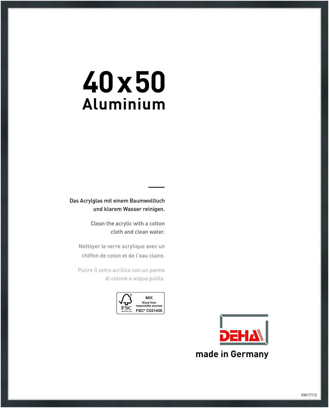 DEHA Design Bilderrahmen Tribeca, 40x50 cm, Aluminium Schwarz Matt, bruchsicheres Acrylglas, für Pos