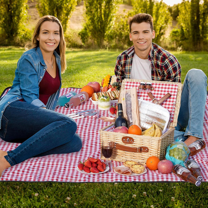 Picknickkorb für 2 Personen, Picknickkorb-Set mit Kühlfach und wasserdichte Picknickdecke, Besteck S