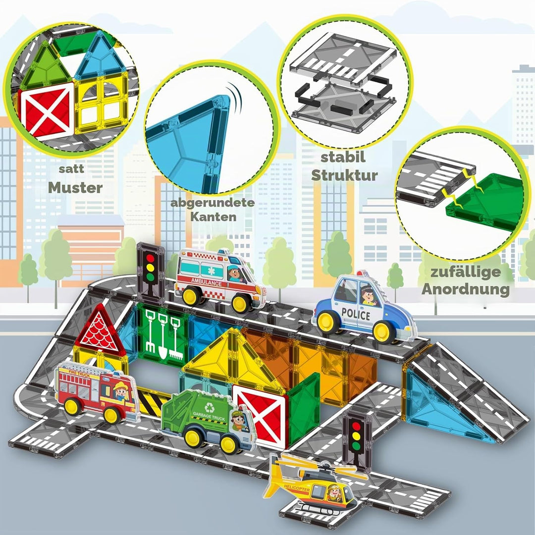 Oriate Stadt Magnetische Magnet Bausteine Spielzeug Set，Rollende Cars Kompatibel Mit Magnetbausteine