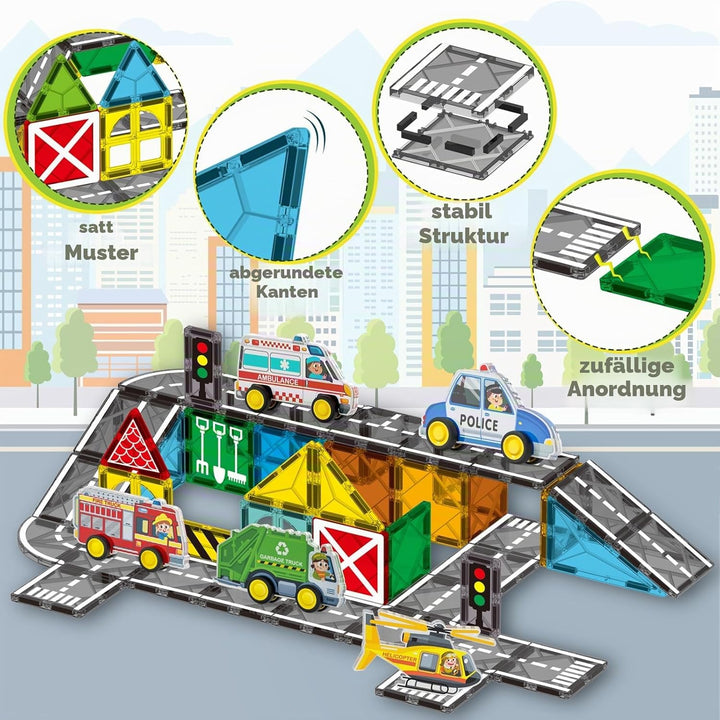 Oriate Stadt Magnetische Magnet Bausteine Spielzeug Set，Rollende Cars Kompatibel Mit Magnetbausteine