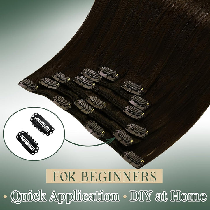 Ugeat Haarverlängerung Echthaar Clip in Extensions Echthaar Schokobraun Menschliches Haar Remy Clip