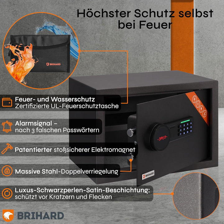 Family Digitaler LCD Tresor mit Zahlencode &amp; Feuerfeste Dokumententasche, 20L Stahl Safe 25x35x25cm,